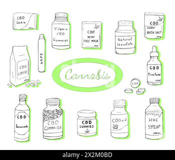 Cannabis outline icons vector set. Set of sketches for cannabis items, cbd coffee, face mask, pills, gummies, vitamins, tincture, cookies, bath sault, Stock Vector