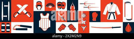 Mixed Martial Arts and fight training equipment, icons set Stock Vector