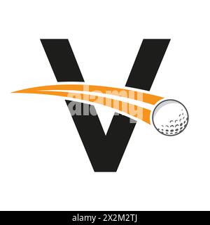 Golf Logo On Letter V Concept With Moving Golf ball Symbol. Hockey Sign Stock Vector