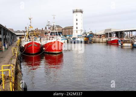 The Fish Quay in North Shields, North Tyneside, UK, with a view of the Old Low Light historic beacon. Stock Photo