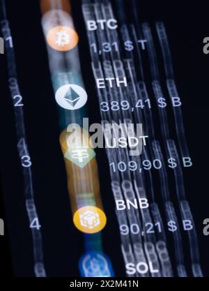 Rottweil, Germany. 23rd Apr, 2024. The logos of the cryptocurrencies Bitcoin (BTC), Ethereum (ETH), the stablecoin Tether (USDT), Binance Coin (BNB) and Solana (SOL) can be seen on the trading platform CoinMarcetCap. (Image with longer exposure time). Credit: Silas Stein/dpa/Alamy Live News Stock Photo