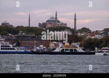 The cityscape of the Golden Horn estuary with the Great Mosque of Saint Sophia, originally a Christian basilica and the most important monument of Byz Stock Photo