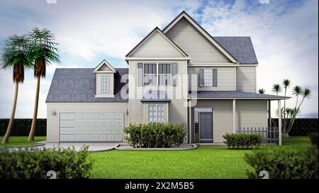 Luxurious big house with a large garden. 3D illustration. Stock Photo