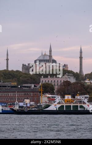 The cityscape of the Golden Horn estuary with the Great Mosque of Saint Sophia, originally a Christian basilica and the most important monument of Byz Stock Photo