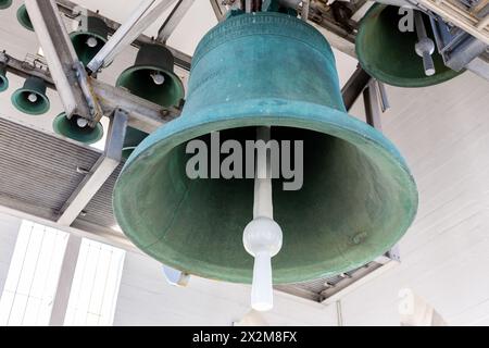 Reykjavik, Iceland, 14.05.22. Bronze carillion bells at the top of the Hallgrimskirkja church tower, Reykjavik, Iceland, inside view. Stock Photo