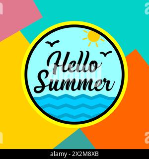 Beach Summer 2024 bright greeting banner.  Hello Summer on colors geometric background.Vector Illustration. Beach Holidays. Handwritten calligraphy. Stock Vector