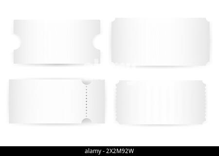 Set realistic white template of coupon, ticket, boarding pass,voucher with one stub rip line Stock Vector