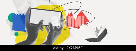 Mobile learning apps. Person using phone for learning. Contemporary art collage. Accessibility of education, study from anywhere. Stock Photo