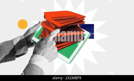 Person using tablet with books lying on screen. Contemporary art collage. Integration of traditional educational materials with digital platforms Stock Photo