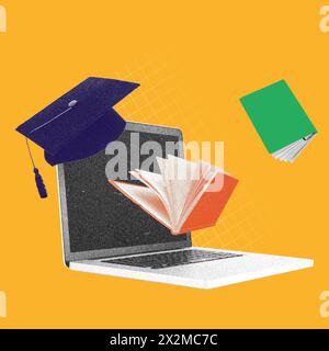 Tablet with graduation cap and books falling down. Contemporary art collage. Get qualifications through flexible and accessible platforms. Stock Photo