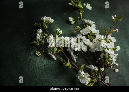 A beautiful arrangement of cherry blossom branches laid on a dark surface, perfect for a spring-themed table setting Stock Photo