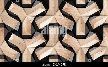 Abstract geometric pattern of wood and black shapes creating a 3D illusion Stock Photo