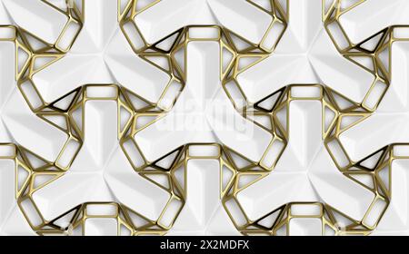 A seamless geometric pattern featuring a 3D illusion with white and gold tones, perfect for backgrounds or luxury design elements Stock Photo