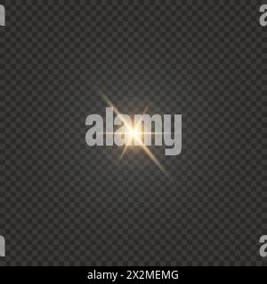 Golden shine on black background. Star ray or sun beam. Sparkling light overlay. Stock Vector