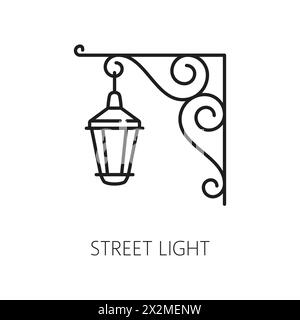 Street light outline icon. Isolated vector classic lamp post with a curved, ornate top and hanging lantern, evoking a charming urban atmosphere. Black and white linear lamppost in vintage style Stock Vector