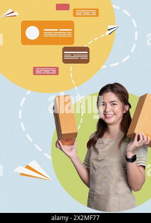 Small Business, Woman Owned Online Shipping Business, Sell Online at Home. Contemporary art collage Stock Photo