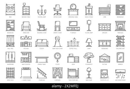Furniture icons, home interior. House interior item, apartment modern furniture thin line vector pictograms or outline symbols with couch, dresser, bookshelf and desk, lamp, wardrobe, coffee table Stock Vector