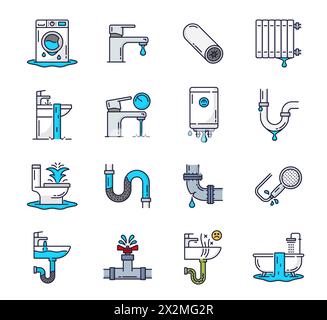 Color plumbing service icons. Toilet, clogged pipe, drain, bathroom and shower problems. Sewage cleaning, plumbing service or pipe unclog line vector icon with washing machine, toilet, bath and faucet Stock Vector