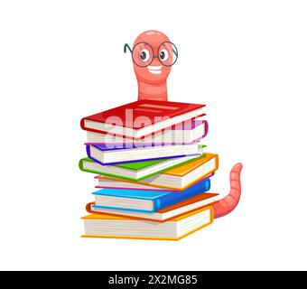 Cartoon cute bookworm character in glasses. Funny pink book worm, caterpillar or earthworm vector personage sitting on stack of school library books or textbooks with eyeglasses, education concept Stock Vector