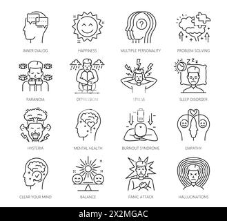 Psychological disorder problems and mental health icons, outline vector. Psychology and mind head line symbols of depression, stress and hysteria, empathy and panic attack or brain mental disorders Stock Vector