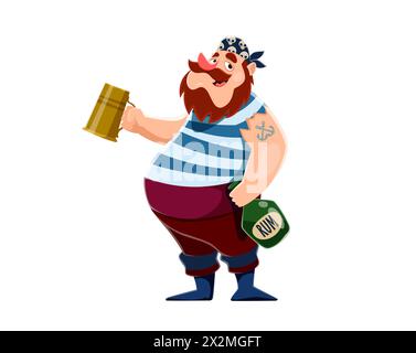 Cartoon pirate sailor character with mug of rum, corsair seaman. Vector seafarer rover in striped vest holding tankard and bottle with drunk grin, embodying a seafaring spirit of adventure and revelry Stock Vector