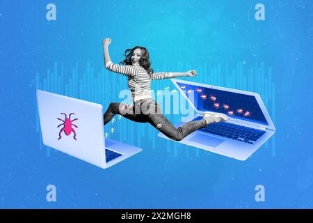 Trend artwork sketch image composite 3D photo collage of young hacker lady attacked antivirus laptop espionage personal data theft Stock Photo