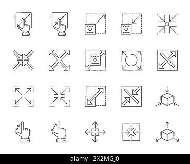 Resize and scale icons. Reduce, zoom and change, expand symbols, vector thin line ui arrows and hands. Size control outline icons set, enlarge, move, shrink or extend, maximize, full screen, minimize Stock Vector