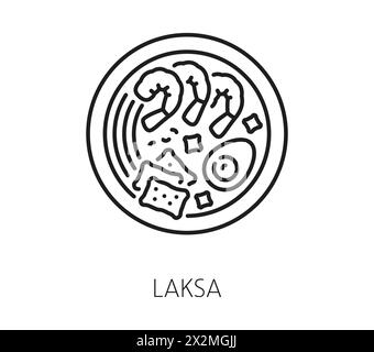 Laksa Singapore travel, vacation icon. Isolated vector linear sign of a spicy noodle soup, rich in coconut milk, with a tamarind tang, shrimps, fish cakes, and tofu puffs, garnished with cilantro Stock Vector