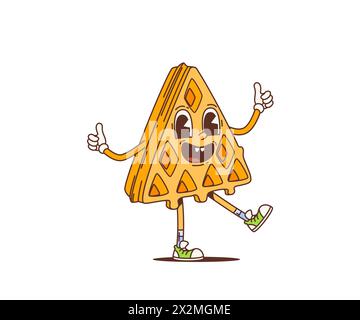 Cartoon retro belgian waffle groovy character. Isolated vector funky triangular wafer, bakery personage with groove vibes and whimsical smile, bringing nostalgic and psychedelic touch to breakfast Stock Vector