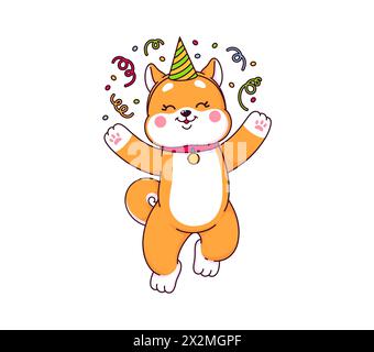 Japanese kawaii shiba inu dog character on the party. Cartoon cute pet animal, brown puppy vector personage dancing with party hat, confetti and color paper streamers. Shiba inu dog having fun emoji Stock Vector