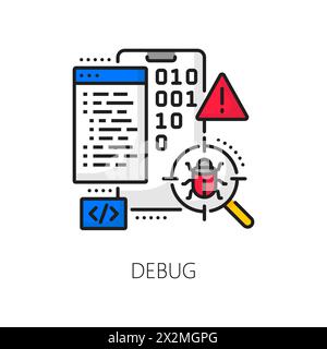 Cellphone application develop and debug, mobile software coding, web app optimization outline icon. Application development and testing linear vector icon with mobile phone, binary code and bug Stock Vector