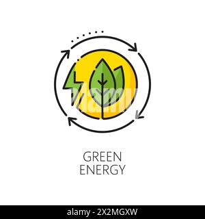 Green eco energy, clean power outline icon. Renewable green energy source, clean electricity generation power station linear vector icon or color pictogram with lightning green bolt and leaves Stock Vector