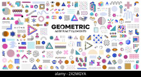 Geometric Memphis shapes, isolated vector elements set, feature vibrant, abstract patterns and ornaments, inspired by 1980s design, characterized by bold colors, sharp angles and playful compositions Stock Vector