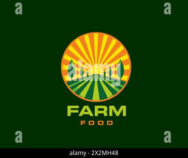 Agriculture farm field icon, rural landscape with sun rays shining above lush green meadow. Isolated vector round badge or tag for organic, healthy natural products. Ripe crop and harvest on ranch Stock Vector