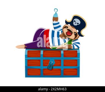 Cartoon cute sloth animal pirate character on the chest. Isolated vector funny lazy whimsical corsair personage wears a tricorn hat and hand hook, defends loot, lying on treasure trunk in relaxed pose Stock Vector