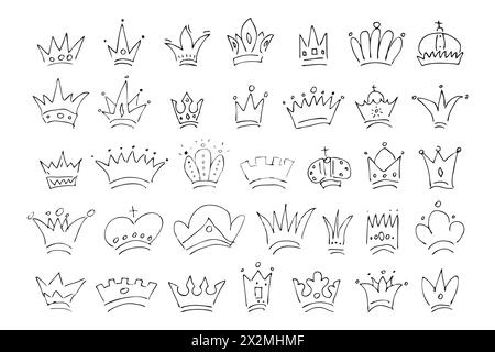 Hand drawn crowns. Big set of simple graffiti sketch queen or king crowns. Royal imperial coronation and monarch symbols. Black brush doodle isolated Stock Vector