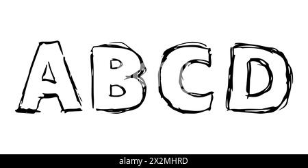 Hand Drawn Latin Alphabet Letters ABCD. Uppercase modern font and typeface. Black symbols on white background. Vector illustration. Stock Vector