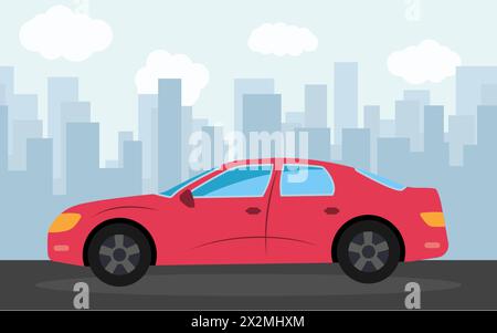 Red sports car in the background of skyscrapers in the afternoon.  Vector illustration. Stock Vector