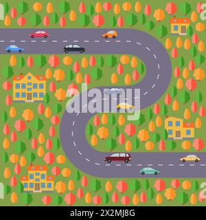 Plan of village. Landscape with the road, autumn forest, cars and houses.  Vector illustration Stock Vector