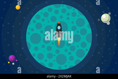 The rocket flies against the backdrop of the planet. The rocket in space. Space travel. Vector illustration with flying rocket. Stock Vector