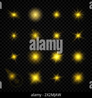 Light effect of lens flares. Set of sixteen yellow glowing lights starburst effects with sparkles on a transparent background. Vector illustration Stock Vector