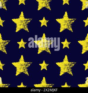 Seamless Pattern with hand drawn yellow Stars on blue background. Abstract grunge texture. Vector illustration Stock Vector