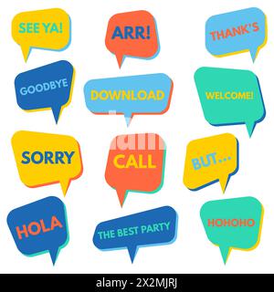 Set of speech bubbles on a white background with different inscriptions in the middle. Speech bubbles with short phrases. Vector illustration. Stock Vector