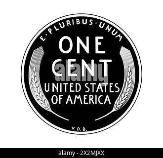 Vector American money, one cent coin, 1909-1958. The coin is depicted in black and white. Vector illustration. Stock Vector