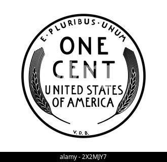 Vector American money, one cent coin, 1909-1958. The coin is depicted in black and white. Vector illustration. Stock Vector