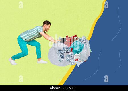Trend artwork image composite photo collage of global warming young man pull push hands garbage recycle trash pollution into sea water Stock Photo