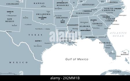 Gulf States of the United States, also called Gulf South or South Coast, political map. Coastline along Southern United States at Gulf of Mexico. Stock Photo