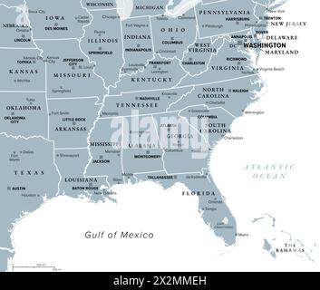 Southeast Region, South of the United States, gray political map. Geographic and cultural region, also referred to as the Southern United States. Stock Photo