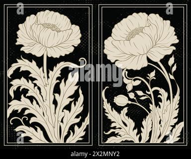 Frame with a peony in the style of Victorian Art Nouveau. Beautiful peony modern vintage floral composition 1920-1930 years. Stock Vector