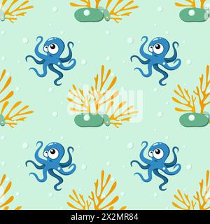 Pattern with octopuses and corals, air bubbles and stones. Cheerful childrens humorous seamless pattern on turquoise background. Vector illustration Stock Vector
